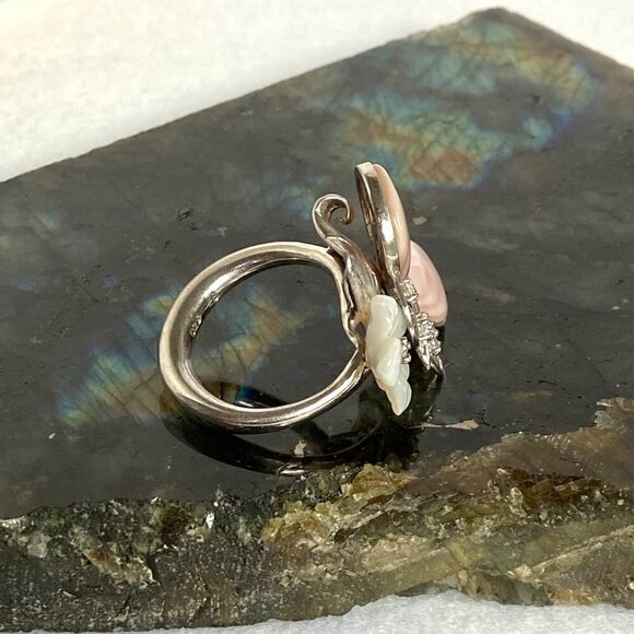 Sterling Silver 925 3D Pink MOP Butterfly Cubic Zirconia White Flower Ring Sz 6 - Picture 6 of 16